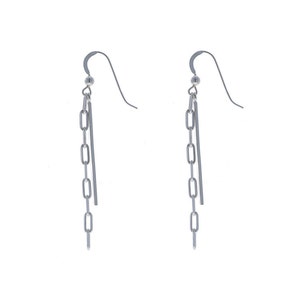 Sterling Silver, Bar and Link Dangles, Modern Earrings, Paperclip Chain Dangle Earrings, 2 inches long, 925,  Polished Bar, E39133