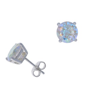 Sterling Silver, Aurora Borealis Studs, 4 Prong Stud Earring, AB Earrings, Cubic Zirconias Silver Studs, Aurora Borealis Basket Set, RDSDAB8