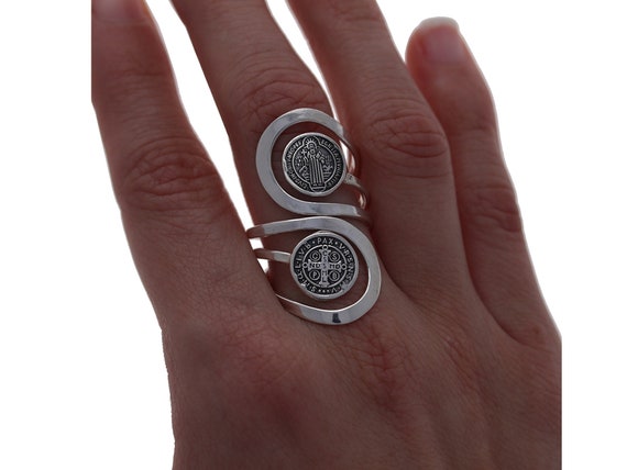 Sterling Silver, Benedict Medallions Ring, San Benito Duo Ring,  Religious Medal Rings