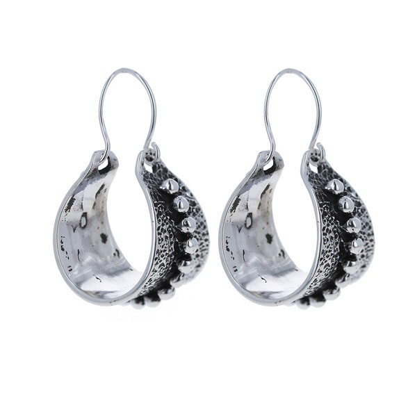 925 Silver Artisan Beaded Hoops, with Intricate Design Made of Sterling Silver, Textured Silver and Rustic Tactile Beads Along the Center