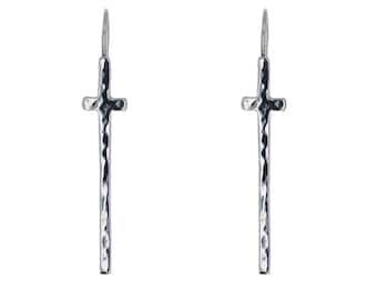 Sterling Silver, Hammered Cross Spike Earrings, Cross Dangles, 925 Sterling Silver, Hammered Earrings, 1.5 inches,