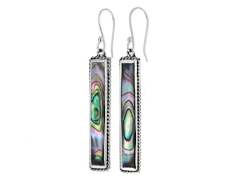 Sterling Silver Earrings, Abalone Shell, Long Earrings, 2 inch Dangle Drops, 925 Genuine Silver, Multicolor Shell statement Earrings.