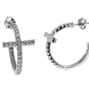 CZ Cross Hoops. Sterling Silver White Gold Rhodium Finish, Statment Clear Cubic Zirconia Earrings, Hoops with a post, 25mm