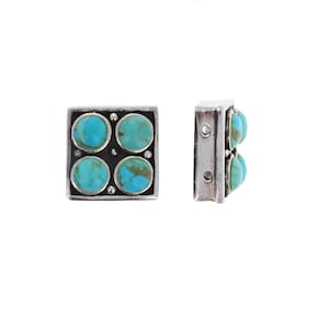 Square Turquoise and Silver Slider Finding, 2 Strand Connector Charm, 2 Hole, Floating Stone Charm, Genuine Turquoise, 925 Sterling Silver