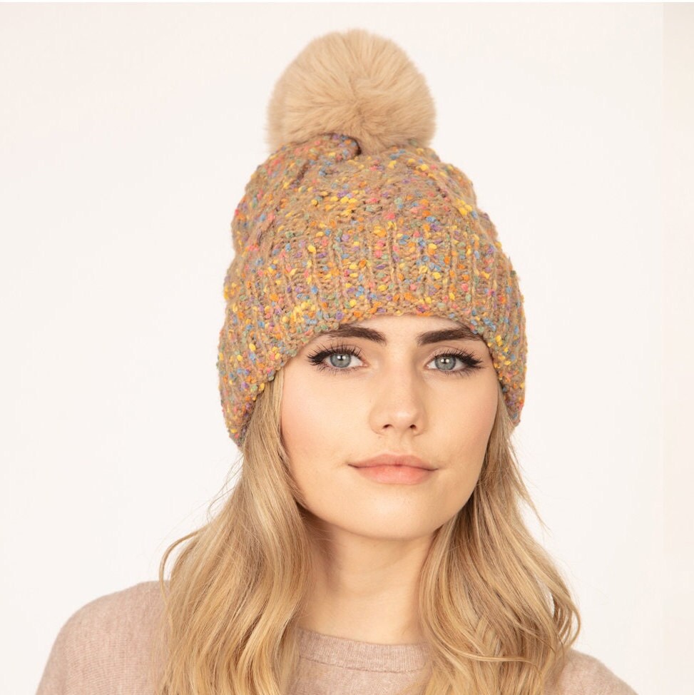 Confetti Cable Knit Pom Pom Beanie Stocking Cap Tan Beanie With Pom Pom Tan Beige Marled Thick Plush Cuffed  main image 2