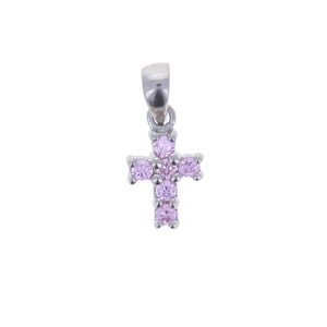 Cross Pendant, Clear or Pink Cubic Zirconia, Sterling Silver .Mini Cross Charm, Clear CZ pendant for First Communion, Graduation, and More