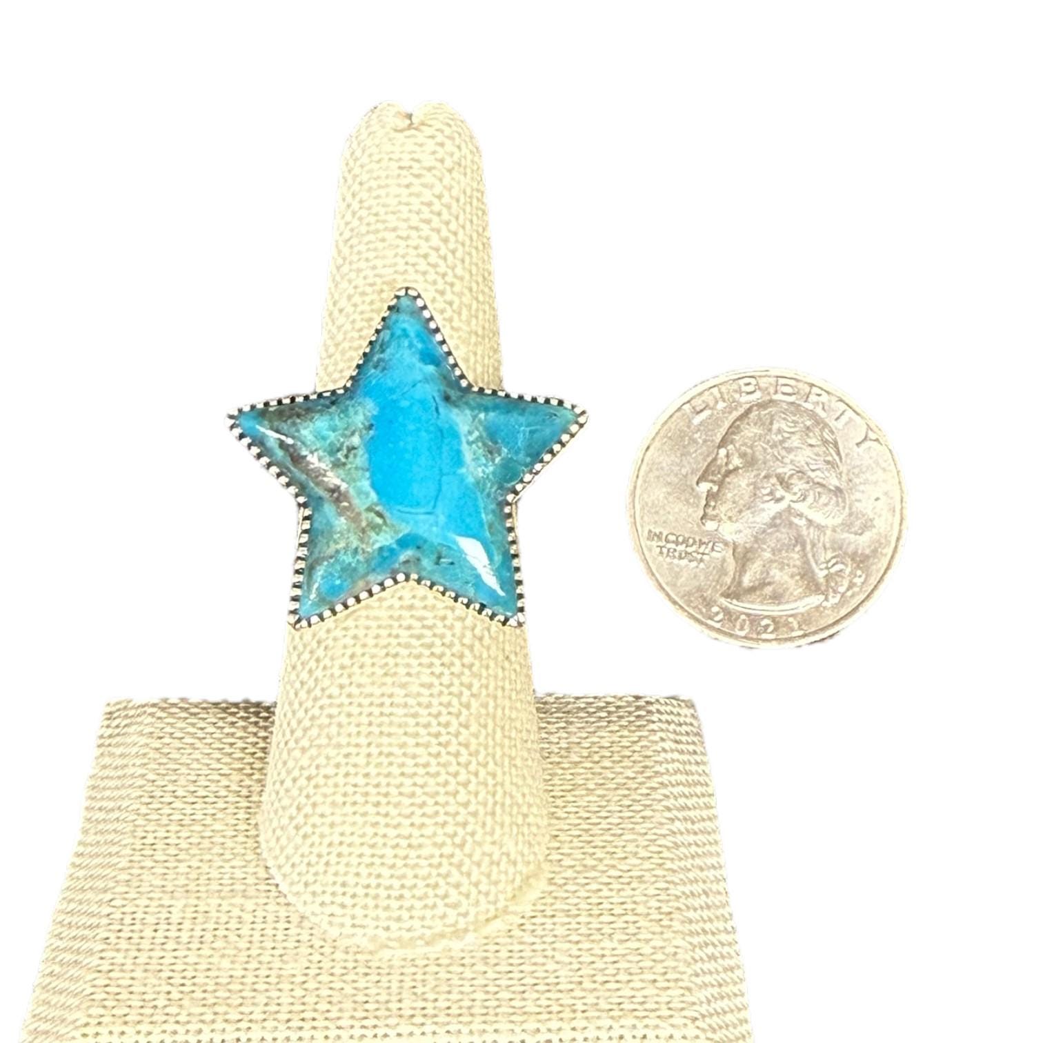 Sterling Silver, Etched Turquoise Star, Genuine Turquoise Ring