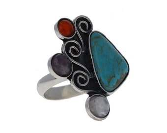Sterling Silver, Art Deco Stone Ring, Genuine Turquoise Ring, Multi Stone Ring, Silver Ring, Moonstone, Amethyst, Carnelian, R12395T