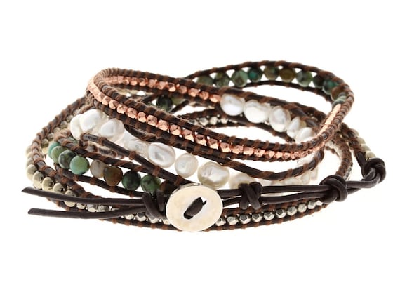 Boho Wrap Bracelet, Genuine Stones, Long Wrap Around, 32 Inch