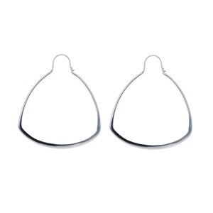 May include: A pair of silver hoop earrings with a slightly curved, triangular shape.
