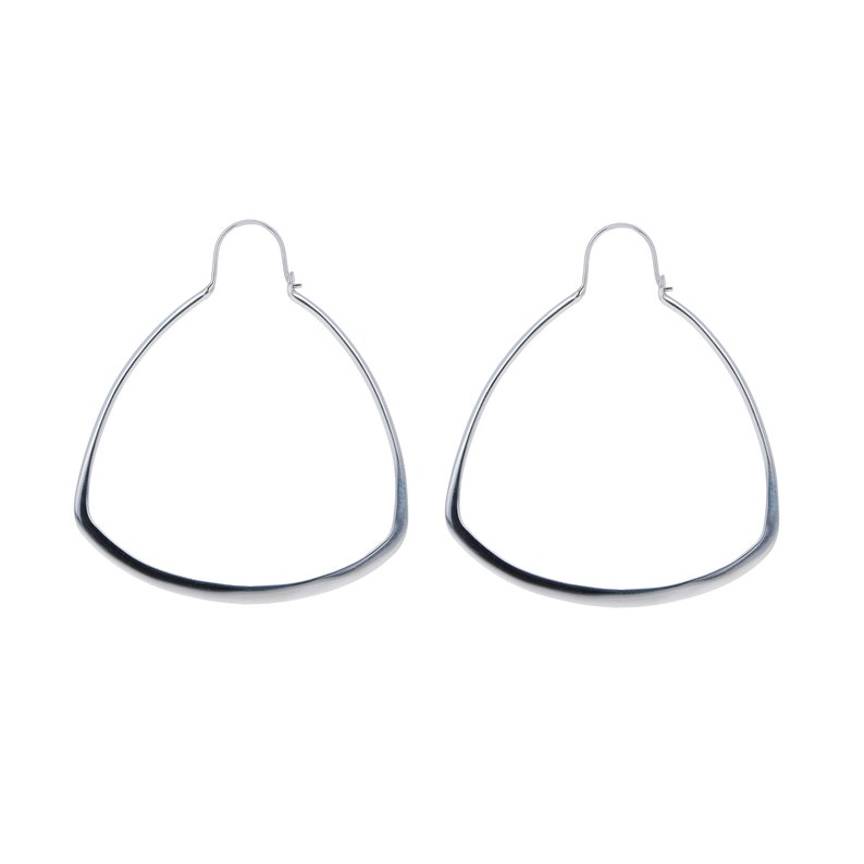 May include: A pair of silver hoop earrings with a slightly curved, triangular shape.