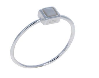 Square Stacking Ring, White Howlite Stacker, 4mm Bezel Set, 1mm Band, Sterling Silver Ring, Dainty Howlite Jewelry, Square Ring, R030569W