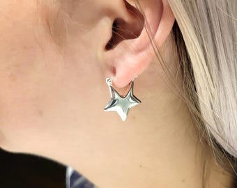 Silver Puffy Star Hoop Earrings, Genuine .925 Sterling Silver, Hollow and Lightweight, 1 pair, Real Silver Star Earrings, E41179