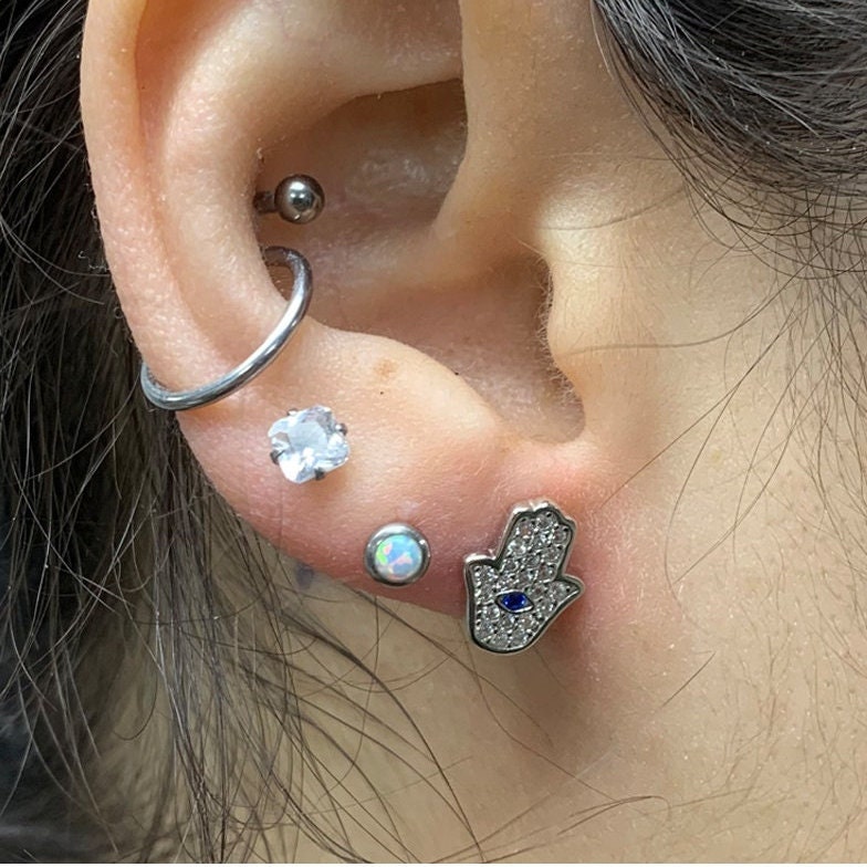Sterling Silver, Hand of God Mini Studs, Blue Sapphire