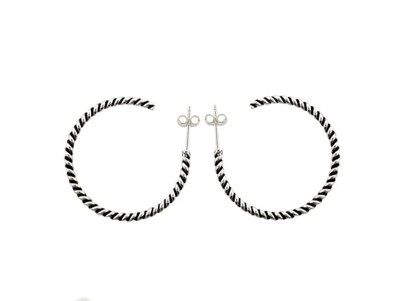 Sterling Silver Twisted, Braided, Hoop Earrings, Antiqued Finish Spiral Design, 20mm, Post Hoops, Vintage, Classic Hoops, .925 Sterling