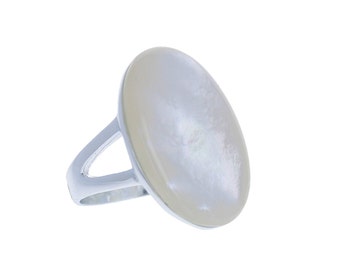 Silver Pearl Ring, Simple Mother of Pearl Ring, .925 Sterling zilver, Echt Zilver, Echte Pearl Shell Ring, Grote Oval White Ring