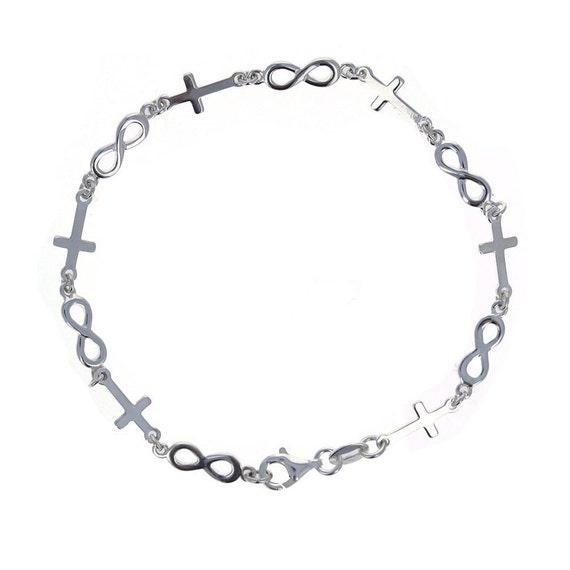Sterling Silver Infinity and Cross Link Bracelet Infinity Symbol Flat Cross Charm High Polished Links Religious