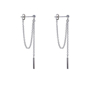 Sterling Silver, Modern Chain and Bar Earrings, Dangle Earrings, Chain Connected Earrings, 925 Earrings, Silver Bar Earrings, E41143 image 1