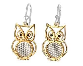 Owl Two Tone Earrings, Vermeil, Sterling Silver, Free Flowing, Dangle Earrings, Genuine .925 Silver, Animal Earrings