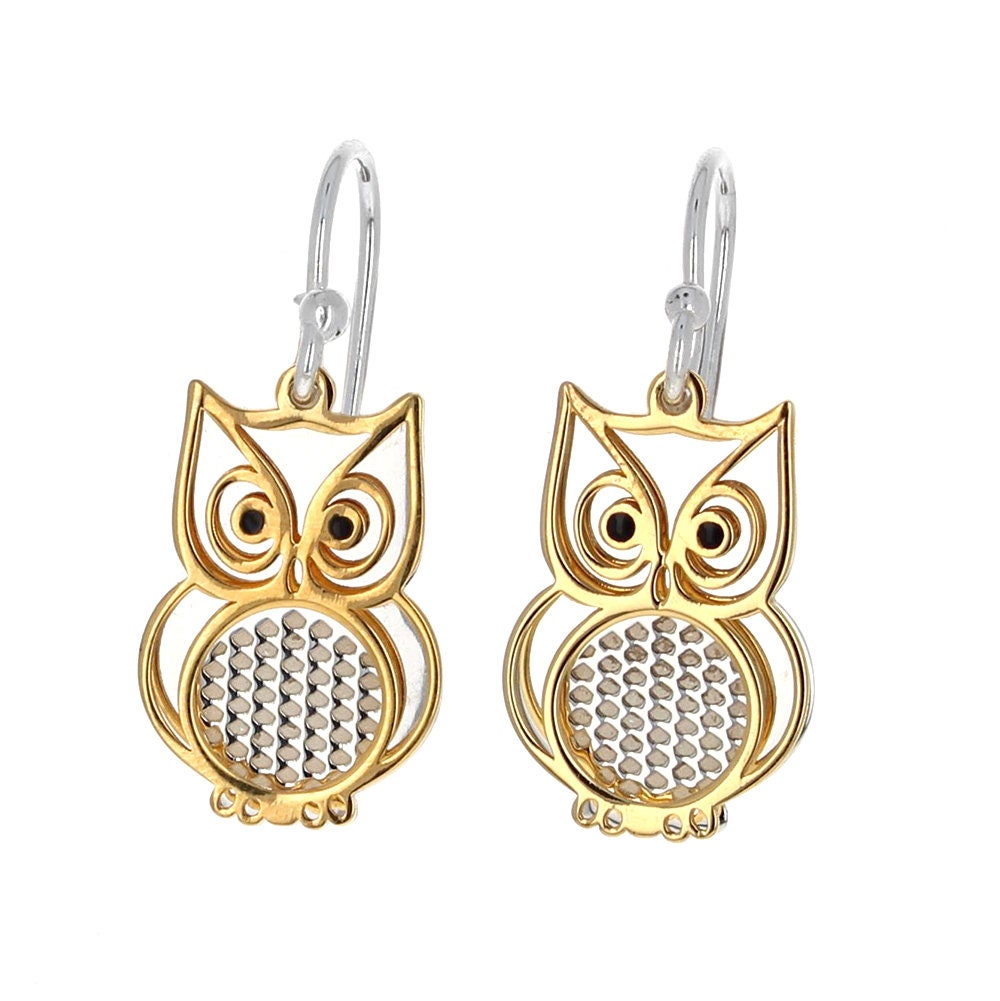 Owl Two Tone Earrings, Vermeil, Sterling Silver, Free Flowing, Dangle Earrings, Genuine .925 Silver,