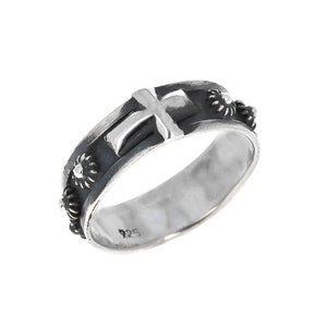 Sterling Silver, Side Cross Rosary Ring, Antiqued, Vintage Sterling Silver Design, Religious Rings, 5mm Wide, 925
