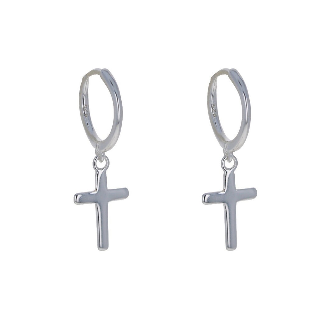 Sterling Silver, Mini Hoop With Cross, Huggie Earrings