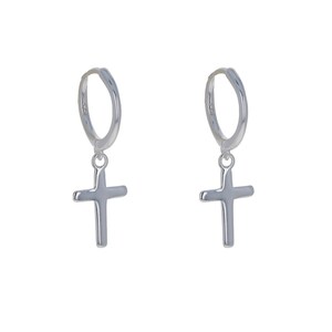 Sterling Silver, Mini Hoop with Cross, Huggie Earrings, Dangling, Gold or Silver, small, trendy cross hoop earrings,  12mm, E036289