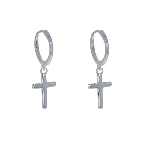 Sterling Silver, Mini Hoop With Cross, Huggie Earrings, Dangling
