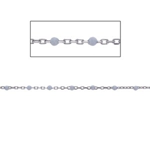 Sterling Silver 925, 1 foot Included, White Seed Bead Station Chain, 2mm White Beads, Silver Cable with Colored Bead, Chain by the Foot