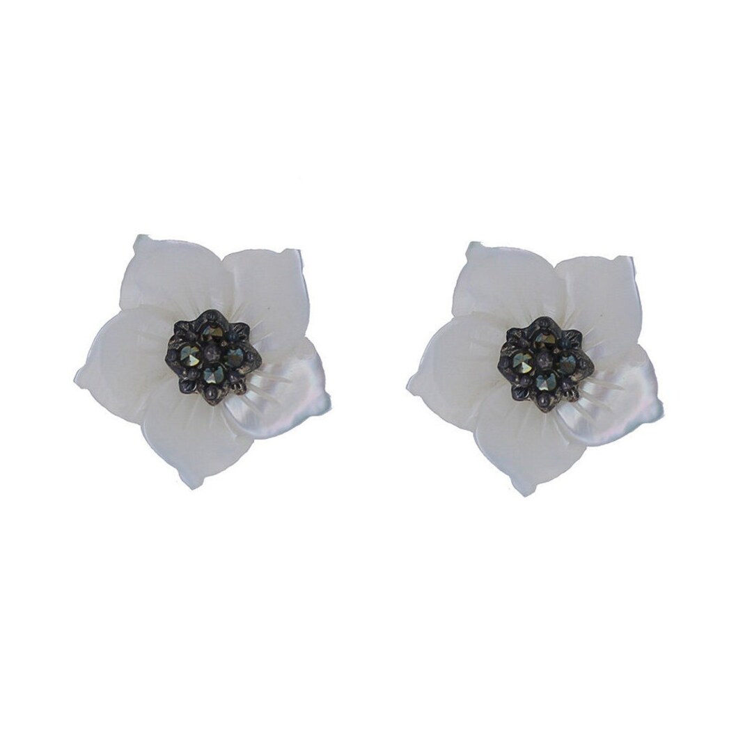Sterling Silver, Mother of Pearl Flower Stud Earrings, Swiss