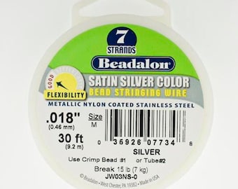 Beadalon 7 Strand Beading Wire, Beadalon Wire, .018 30ft Spool, Satin Silver Colored Nylon Coated Stainless, Beading Wire