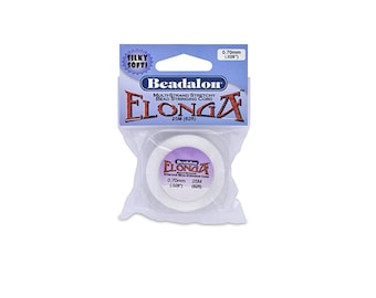 May include: White spool of Beadalon Elonga Multi-Strand Stretchy Bead Stringing Cord, 0.70mm (0.028") thick, 25 meters (82 feet) long.  The spool is labeled "Beadalon Elonga Multi-Strand Stretchy Bead Stringing Cord 0.70mm (0.028") 25M (82ft)"