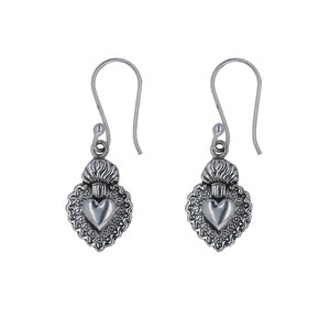 Sacred Heart Dangle Earrings, Sterling Silver 925 Beautiful Design with Renaissance Inspiration