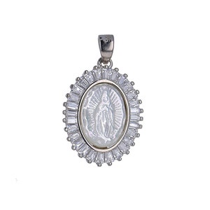 Sterling Silver, Pearl Guadalupe Pendant, Clear Baguettes, Carved Mother of Pearl depiction of Virgin Guadalupe, Silver and Pearl,