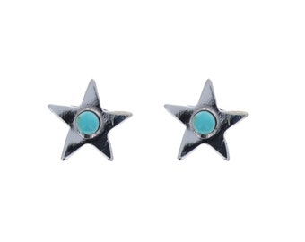 Turquoise Star Earrings, Genuine Turquoise, Blue Studs, Sterling Silver, Star Studs, Silver Earrings, Inlaid Turquoise, Mini Studs