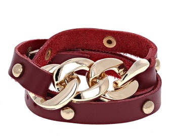Leather and Chain Wrap Bracelet, Gold Tone Curb Link, Trendy Wrap Around Bracelet, Different Colors
