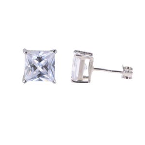 May include: A pair of square-cut, clear gemstone stud earrings. The earrings are set in a silver-colored metal and have a post and butterfly backing. The gemstones are faceted, reflecting light.