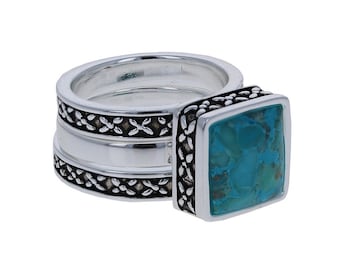 Sterling Silver, Turquoise Stack Rings, 3 Piece Ring Set, Design Bands and Turquoise Ring, Genuine Turquoise Ring, Stack Rings, R500573T