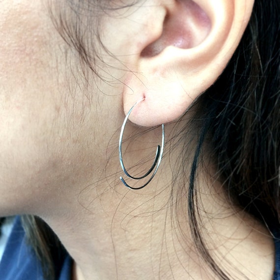 Wire Half Moon Hoops Sterling Silver Drop Earrings 925 40mm