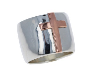 Sterling Silver, Cigar Band and Copper Cross, 16mm Cigar Band, 925, Genuine Copper, Cross Center, R12384