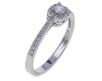Sterling Silver, Solitaire Cubic Zirconia Ring, Small Halo CZ Ring, Square Halo Solitaire CZ Ring, Simple and Sophisticated Ring, R70102CZ