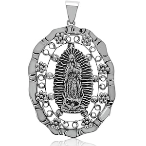Large Virgin Guadalupe Pendant, 925 Genuine Sterling Silver, Virgen, Our Lady of Guadalupe Religious Medal, 2.25 inches, Vintage Design