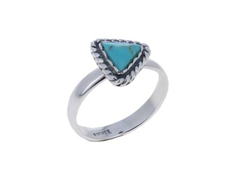 May include: A silver ring featuring a triangular turquoise stone set in a twisted rope-style bezel. The band is smooth and polished, with the text 925MEX clearly stamped on the inner surface, indicating the metal composition and origin.