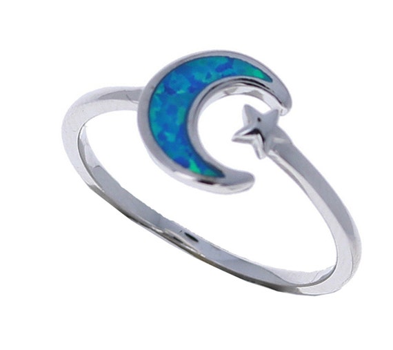 Sterling Silver, Opal Crescent Moon Ring, .925 Sterling Silver, Unique, Blue Opal Celestial Ring