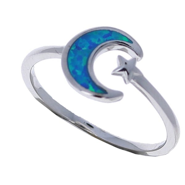 Sterling Silver, Opal Crescent Moon Ring, .925 Sterling Silver, Unique, Blue Opal Celestial Ring