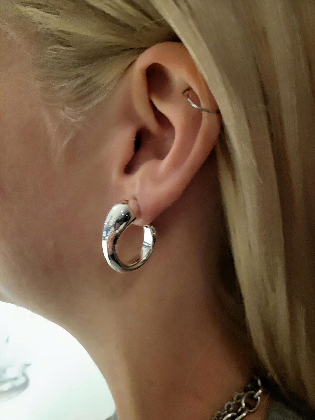 Puffy Sterling Silver Hoop, New Polished Post Hoop, Genuine