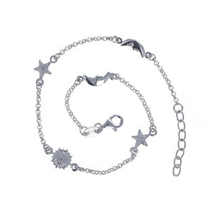 Sterling Silver, Sun Moon and Star Anklet, Celestial Anklet, Rolo Chain Anklet, Sun Moon and Star Charms, Adjustable Anklet, AK146