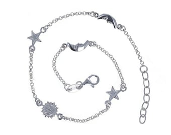 Sterling Silver, Sun Moon and Star Anklet, Celestial Anklet, Rolo Chain Anklet, Sun Moon and Star Charms, Adjustable Anklet, AK146