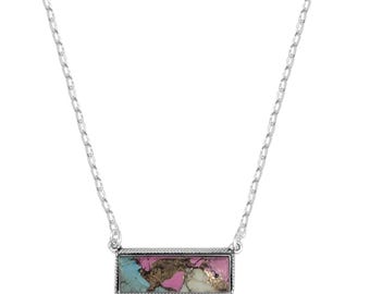 Cotton Candy Dahlia Bar Necklace, Bold, Statment Necklace, Genuine .925 Sterling Silver. Turquoise and Pink Stone Bar Necklace.