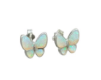 Butterfly Studs, White Opal Stones, Genuine .925 Sterling Silver, Dainty and Lightweight Opal Stud Earrings. 1 pair, Silver or Gold. E41174W